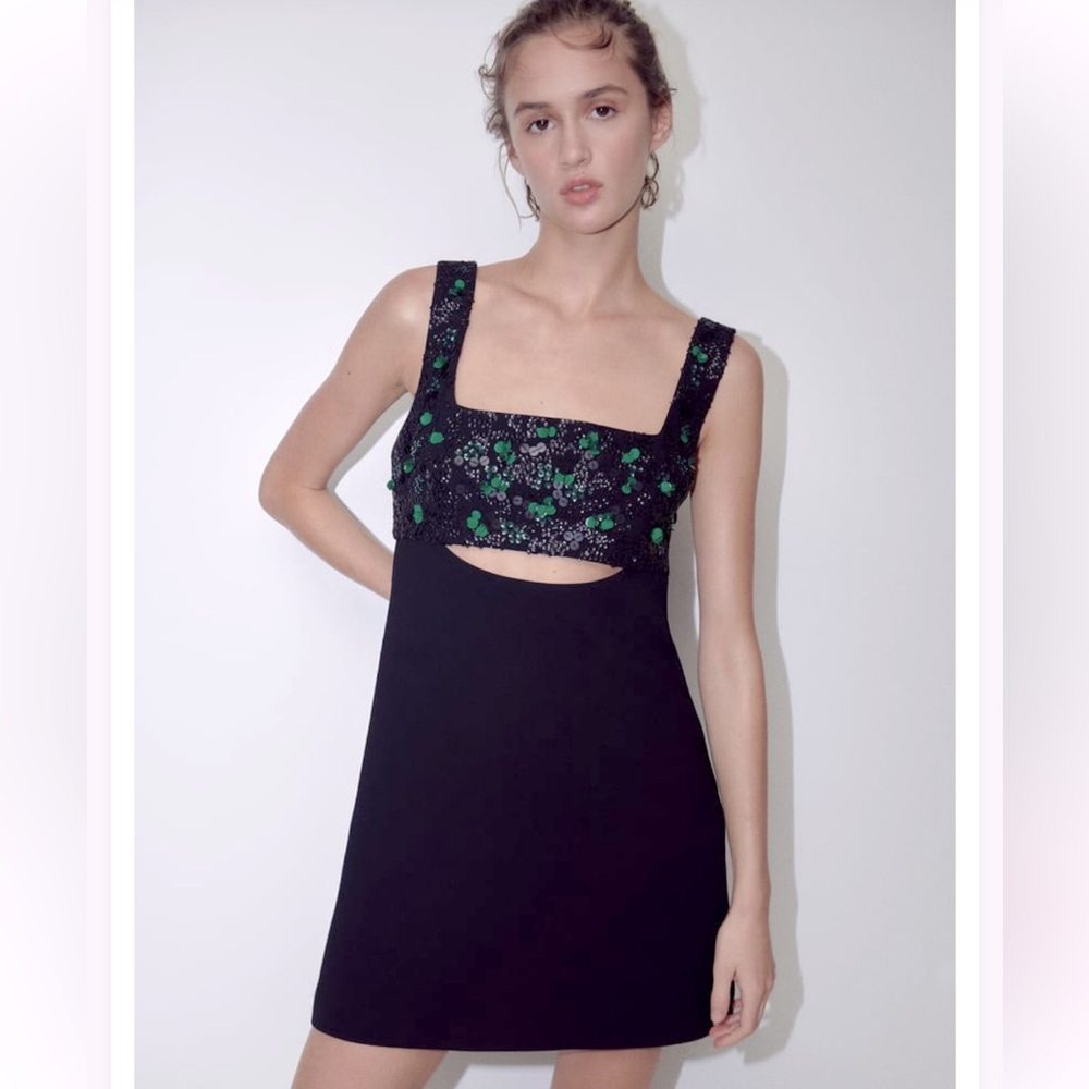 Zara Black Mini Dress with Green Sequin Bodice